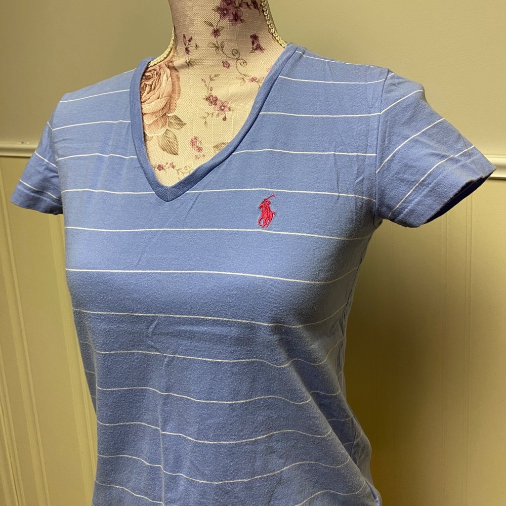 RALPH LAUREN T Shirt V Neck 100% Cotton Light Periwinkle Blue - Picture 1 of 5